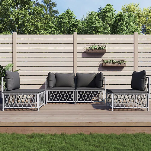 vidaXL Salon de jardin 4 pcs avec coussins blanc acier