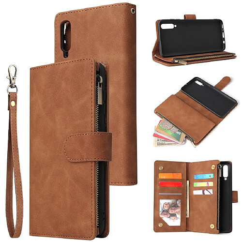 Wewoo Housse Coque Etui à rabat horizontal multifonctionnel rétro pour Galaxy A70 avec fente carte & porte-monnaie et portefeuille fermeture à glissière et cadre photo et lanière brun