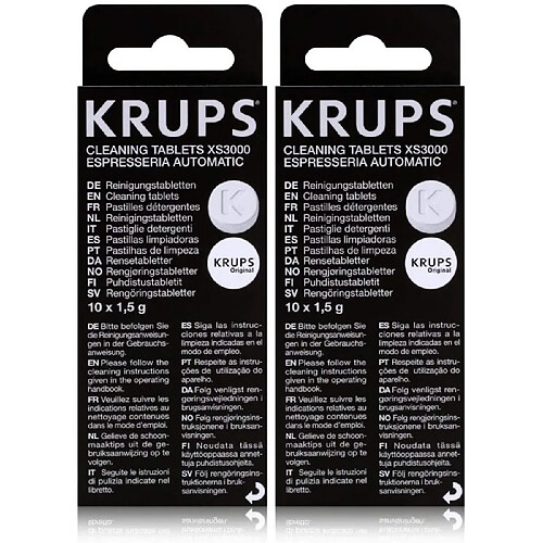 Lot de 2 boîtes de pastilles détergentes krups - chaque boîte contient 10 pastilles de 1,5 g.