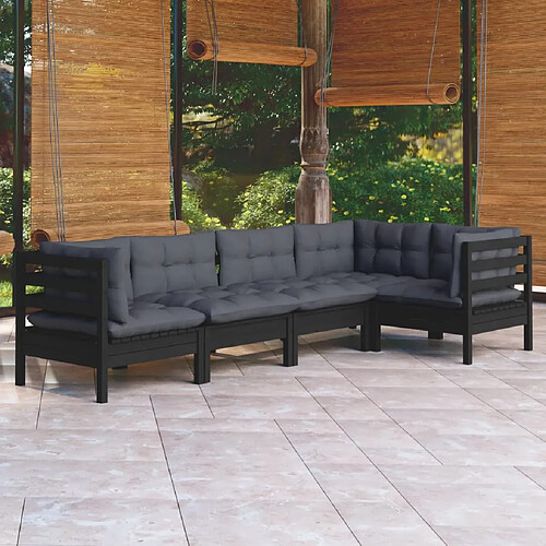 vidaXL Salon de jardin 5 pcs avec coussins Noir Bois de pin