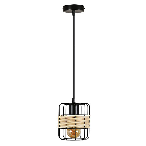 NETTLIFE Suspension E27 Noir Vintage Rotin Boho Métal Bois Lampe de Cuisine Bambou Naturel Abat-Jour Panier pour Salle à Manger Salon