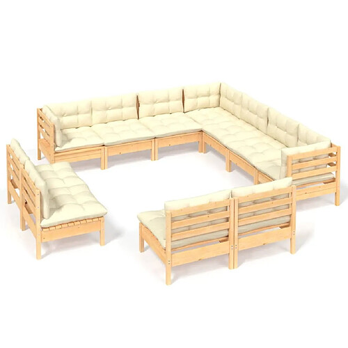 Maison Chic Salon de jardin 11 pcs avec coussins | Ensemble de Table et chaises | Mobilier d'Extérieur crème Bois de pin massif -GKD72657