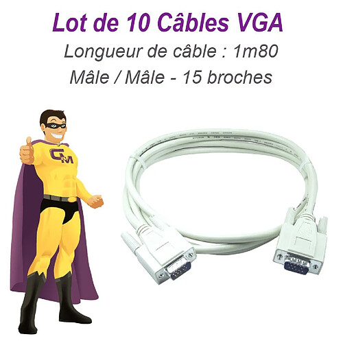 Lot x10 Câbles VGA SUB-D 15 broches Mâle-Mâle 1m80 Ecran PC Vidéoprojecteur NEUF · Occasion