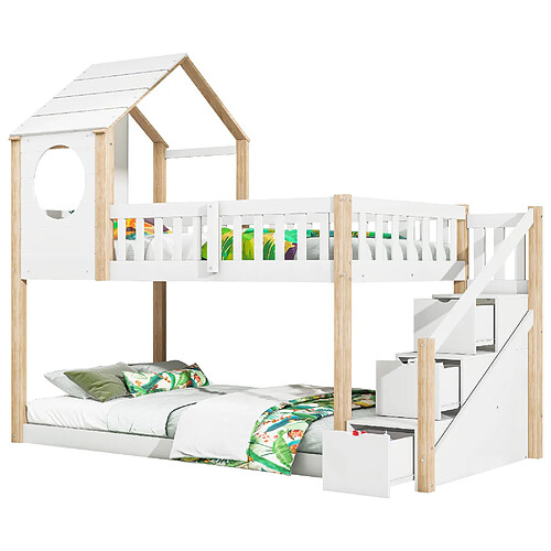 ComfortXL Lit Cabane Enfant Double, En Forme De Maison, Avec Échelle et Garde-Robe, Pin, 90x200Cm, Blanc