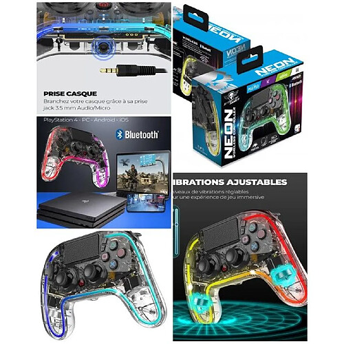 Spirit of Gamer Manette PS4 Bluetooth NEON BLUETOOTH Lumineuse RGB 3.5 JACK PC, iOS ou Android.