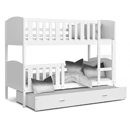 Kids Literie Lit Superposé 3 Places Tomy 90x190 Blanc - blanc Livré avec sommiers, tiroir et matelas en mousse de 7cm