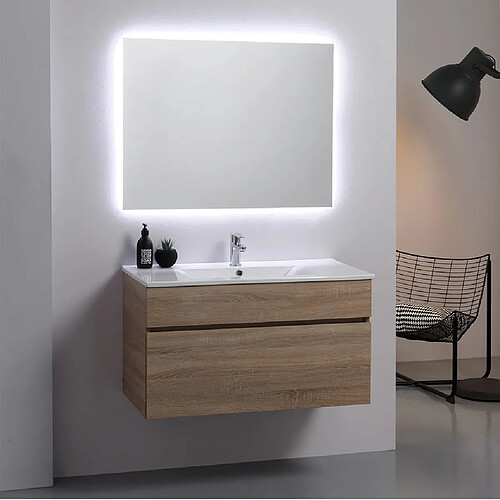 Kiamami Valentina ARMOIRE DE SALLE DE BAINS MURALE MODERNE 90CM PUITS EN CHÊNE AVEC MIROIR | SOLE