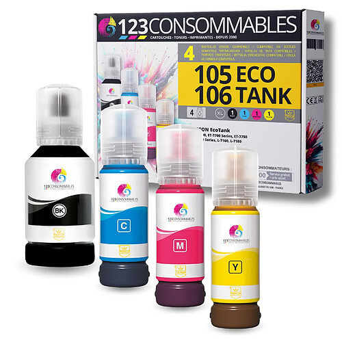 123Consommables Pack compatible avec EPSON 105/106 ECOTANK, 4 bouteilles d'encre