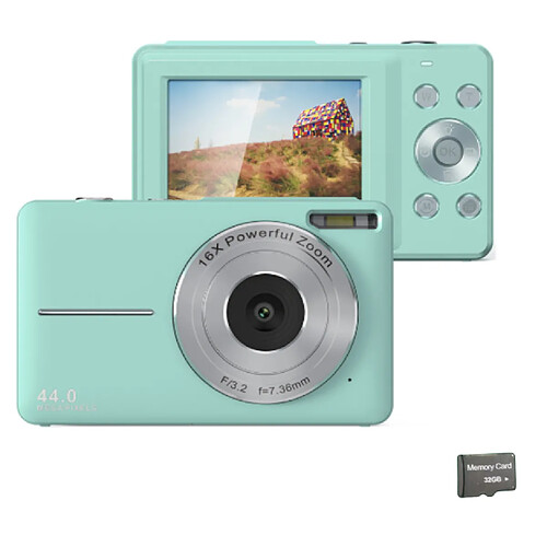 INF Appareil photo numérique 44MP/1080P avec zoom 16X, illumination et carte 32 Go Green