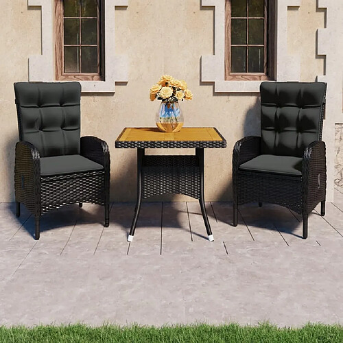 Salle à dîner de jardin 3 pcs,Table et chaise à manger Résine tressée et acacia Noir -MN55236