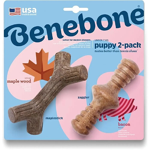 Benefon Benebone Puppy Lot de 2 Jouets a mâcher pour chiots durables saveur bacon, bois d'érable véritable