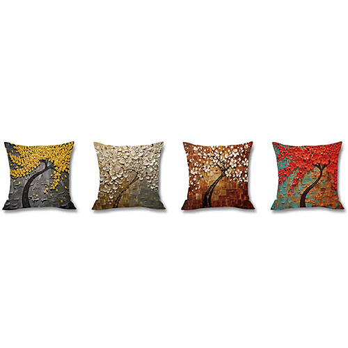 YP Select 4 Pcs Peinture À L'huile Arbre Imprimé Lin Lin Taie d'oreiller Carré Canapé Lit Oreiller Coussin Rouge 45X45 CM