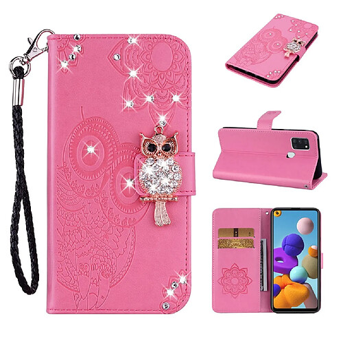 Etui en PU décor de strass imprimé hibou rose pour votre Samsung Galaxy A21s