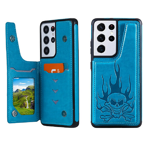 Coque en TPU + PU motif crâne imprimé, anti-chute avec béquille et porte-carte bleu pour votre Samsung Galaxy S21 Ultra 5G