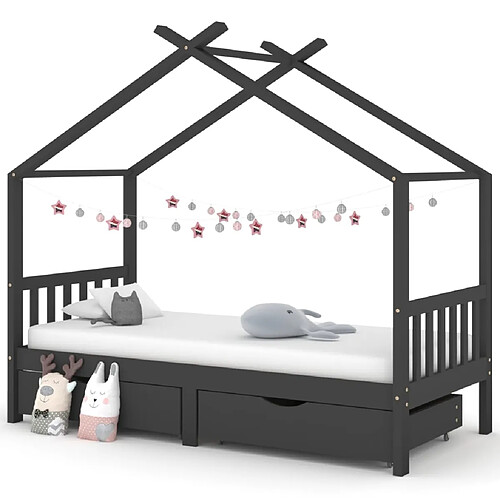 vidaXL Cadre de lit d'enfant avec tiroirs Gris foncé Pin 90x200 cm