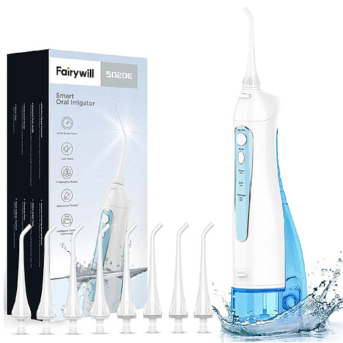 Fairywill Hydropulseur Jet Dentaire Rechargeable Portable 8 Buses Irrigateur Oral Professionnel 3 Modes - Blanc+Bleu