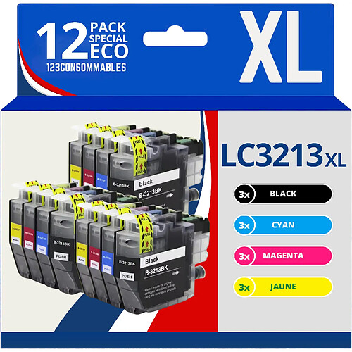 123CONSOMMABLES - LC3213 LC3211 - Cartouches d'encre Compatible pour Brother LC3213 DCP-J572DW MFC-J497DW MFC-J491DW MFC-J895DW DCP-J774DW DCP-J772DW MFC-J890DW (3 Noir / 3 Cyan / 3 Magenta / 3 Jaune)