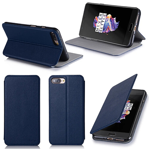 Etui luxe OnePlus 5 bleu 2017 / 2018 Ultra Slim Style Cuir avec stand - Housse Folio Flip Cover coque de protection One Plus 5 4G Dual SIM bleu - Accessoires pochette XEPTIO : Exceptional case !