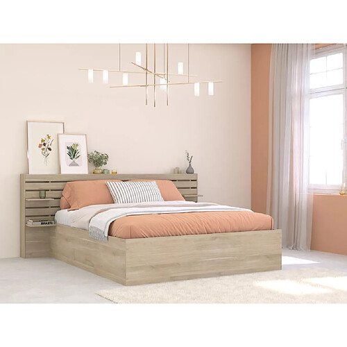 Vente-Unique Lit coffre 160 x 200 cm avec rangements - Coloris : Naturel + Matelas - TENALIA III