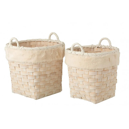 Dansmamaison Set De 2 Panier Rond + Anses Imitation Fourrure Amovible Rotin Plat Naturel White Wash