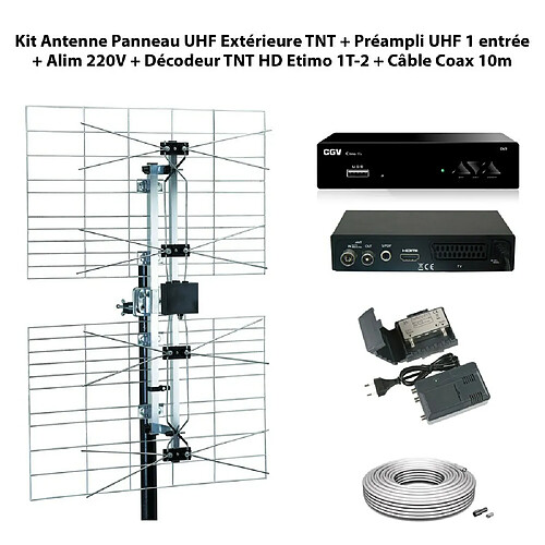 Optex Kit Antenne Panneau UHF Extérieure TNT + Préampli UHF Réglable 1 entrée + Alim 220V + Décodeur TNT HD Etimo 1T-2 + Câble Coax 10m