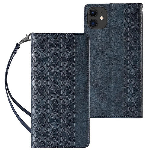 Ozzzo etui sangle aimantee pour iphone 12 pochette portefeuille + mini laniere pendentif bleu