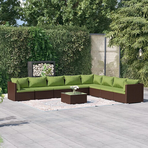 vidaXL Salon de jardin 9 pcs avec coussins résine tressée marron