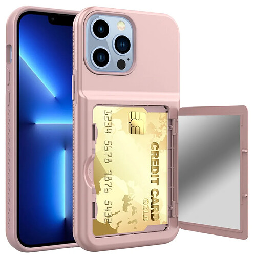 Coque en TPU + acrylique avec porte-cartes et miroir caché or rose pour votre iPhone 13 Pro Max 6.7 pouces