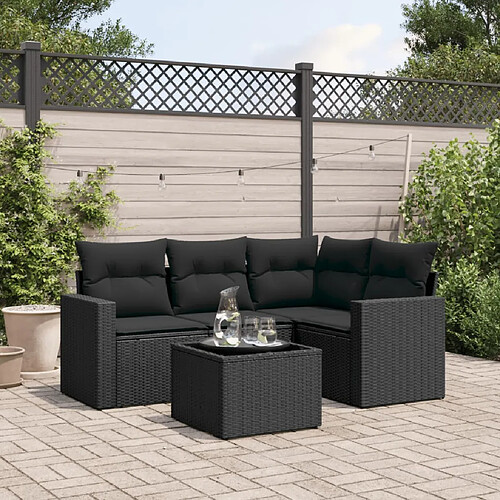 vidaXL Salon de jardin 5 pcs avec coussins noir résine tressée