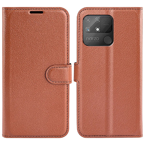 Etui en PU texture litchi, magnétique avec support, marron pour votre Realme Narzo 50A