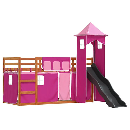 Vidaxl Lit superposé avec toboggan et rideaux rose 90x190 cm