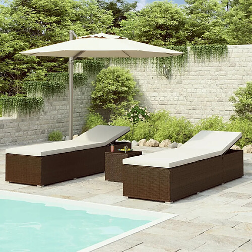 vidaXL Chaise longue de jardin table à thé 3 pcs Résine tressée Marron