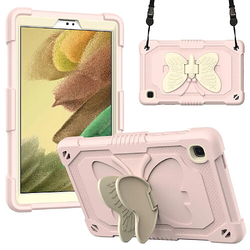 Coque en TPU + silicone avec béquille en forme de papillon et bandoulière beige/rose pour votre Samsung Galaxy Tab A7 Lite 8.7 pouces