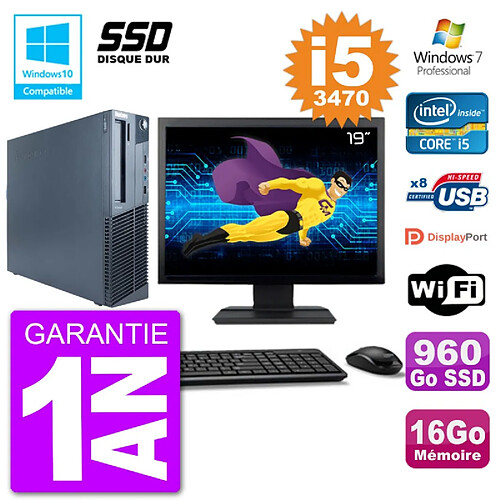 PC Lenovo M82 SFF Ecran 19" i5-3470 RAM 16Go SSD 960Go Graveur DVD Wifi W7 · Occasion