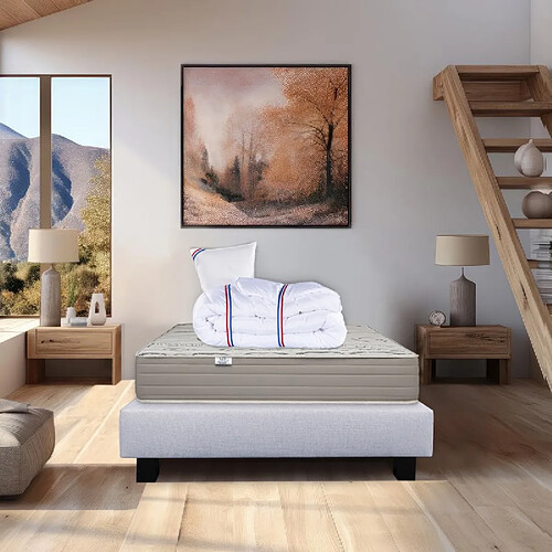 LUXURY LITERIE Ensemble Matelas Organic Cotton, 24 cm, mousses haute densité, ferme, face été/hiver + sommier gris ep20cm + oreiller + couette, 90x190cm