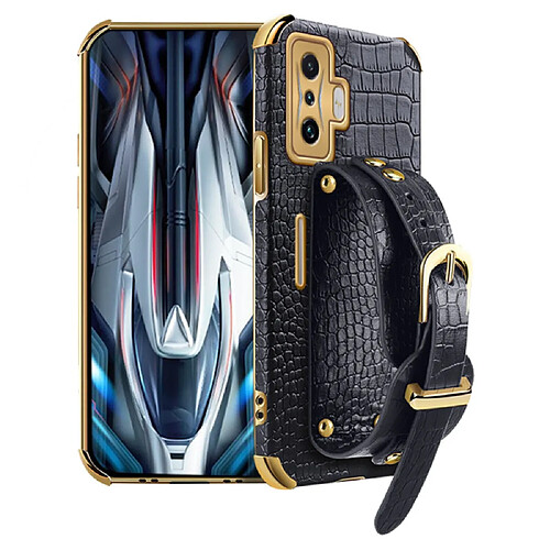 Coque en TPU + PU galvanoplastie, texture crocodile, découpe précise avec béquille en dragonne noir pour votre Xiaomi Redmi K50 Gaming