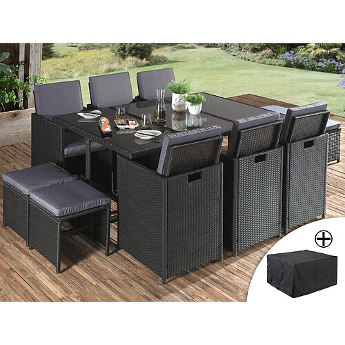 Bestmobilier Fira - Salon de jardin encastrable 10 places - en résine tressée - Noir avec coussins gris + housse de protection