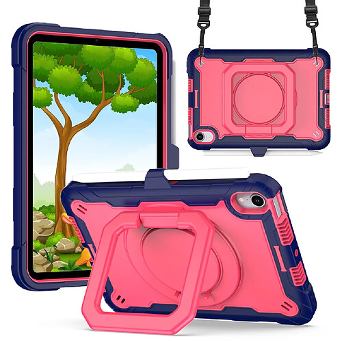 Coque en TPU + silicone avec béquille rotative et bandoulière bleu marine/rose pour votre Apple iPad mini (2021)