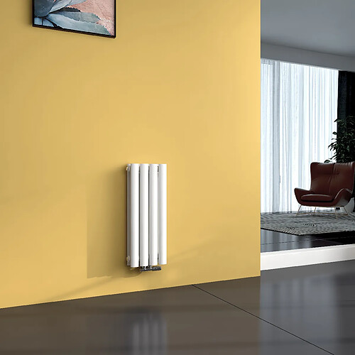 EMKE Radiateur à Eau Chaude, Radiateur Ovale Connexion Centrale, Montage Mural Vertical Design, Blanc 60x24cm 248W Double Couche