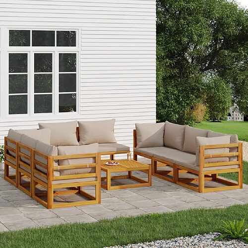 vidaXL Salon de jardin 9 pcs avec coussins taupe bois massif