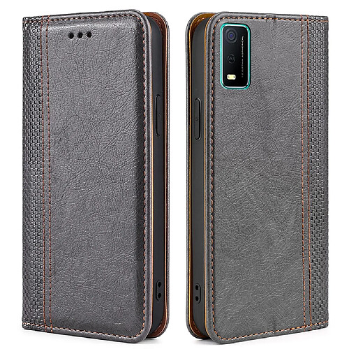 Coque en TPU + PU motif écossais, fermeture automatique magnétique avec support et porte-carte, gris pour votre Vivo Y3s (2021)