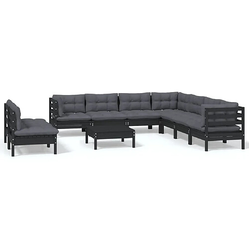 Maison Chic Salon de jardin 10 pcs + coussins - Mobilier/Meubles de jardin - Table et chaises d'extérieur Noir Bois de pin solide -MN99338