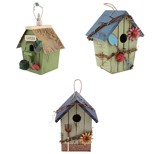 3 Pièces En Bois Naturel Maison D'oiseau Nichoir Cabane Pour Jardin Décoration Extérieure