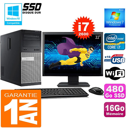 PC Tour DELL 7010 Core I7-2600 Ram 16Go Disque 480 Go SSD Wifi W7 Ecran 22" · Occasion