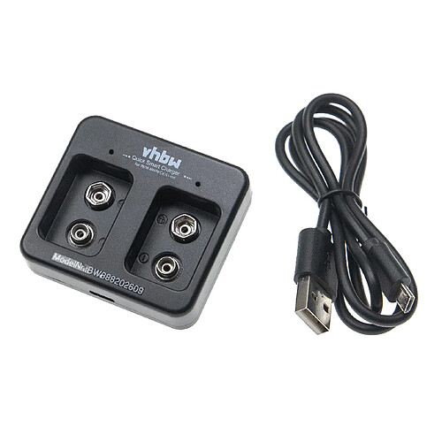 vhbw Chargeur de piles 2 slots pour batteries, piles domestiques Ni-Cd, NiMH, Li-ion (piles bloc 9V) - Chargeur micro-USB