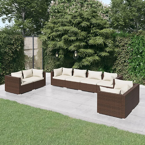 vidaXL Salon de jardin 8 pcs avec coussins Résine tressée Marron