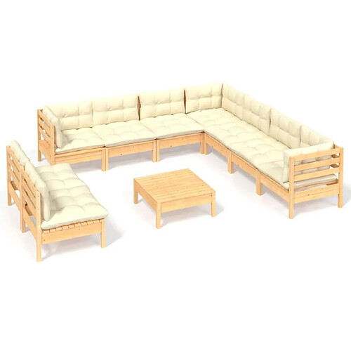 Maison Chic Salon de jardin 10 pcs + coussins - Mobilier/Meubles de jardin - Table et chaises d'extérieur crème Bois de pin solide -MN56205