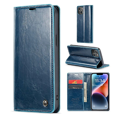 Etui en PU CASEME rétro texture cireuse, fermeture magnétique avec support pour votre iPhone 14 - bleu