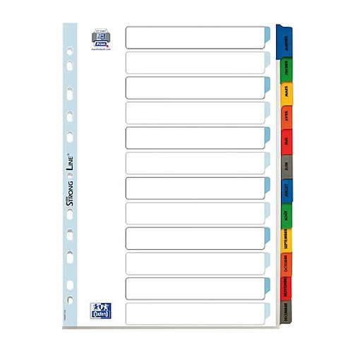 Intercalaire mensuel A4 Oxford carton 12 onglets multicolores - 1 jeu