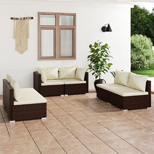 vidaXL Salon de jardin 6 pcs avec coussins Résine tressée Marron